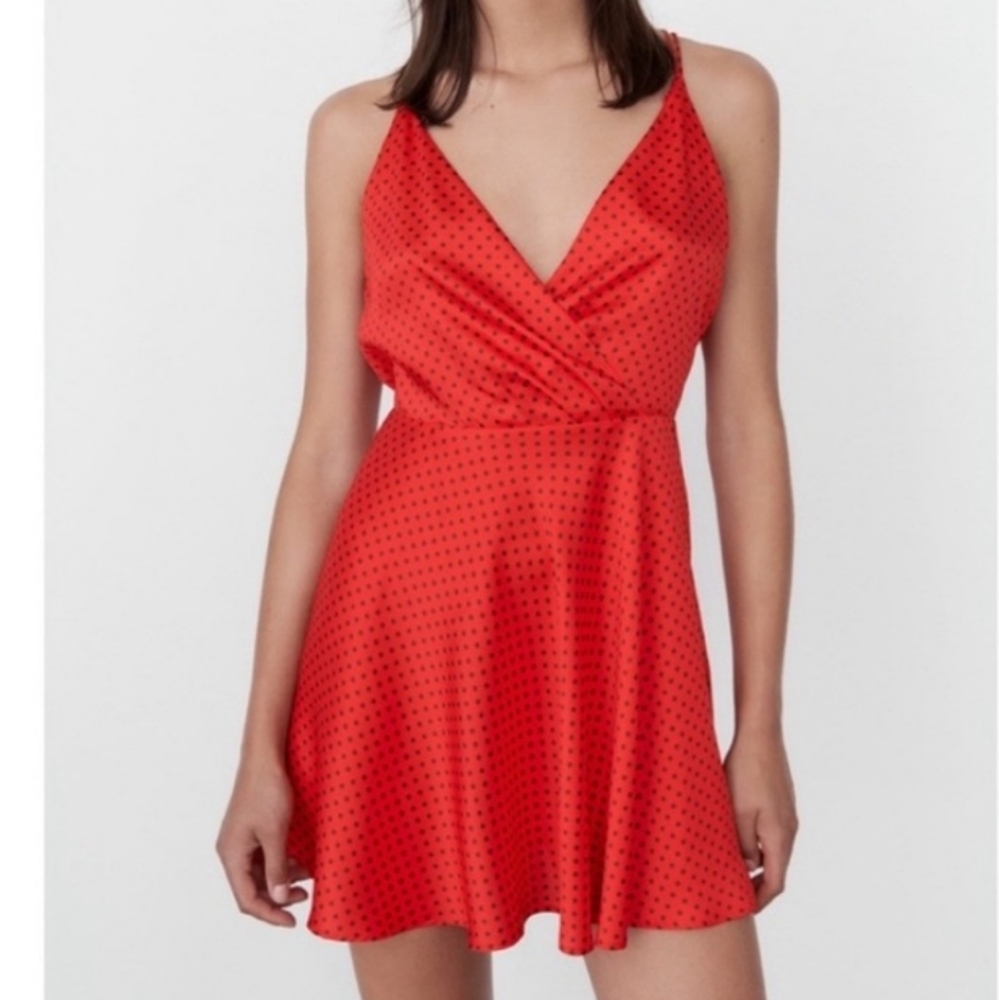 🆕 ZARA Polka Dot Open Back Straps Skater Satin Mini Dress SZ M